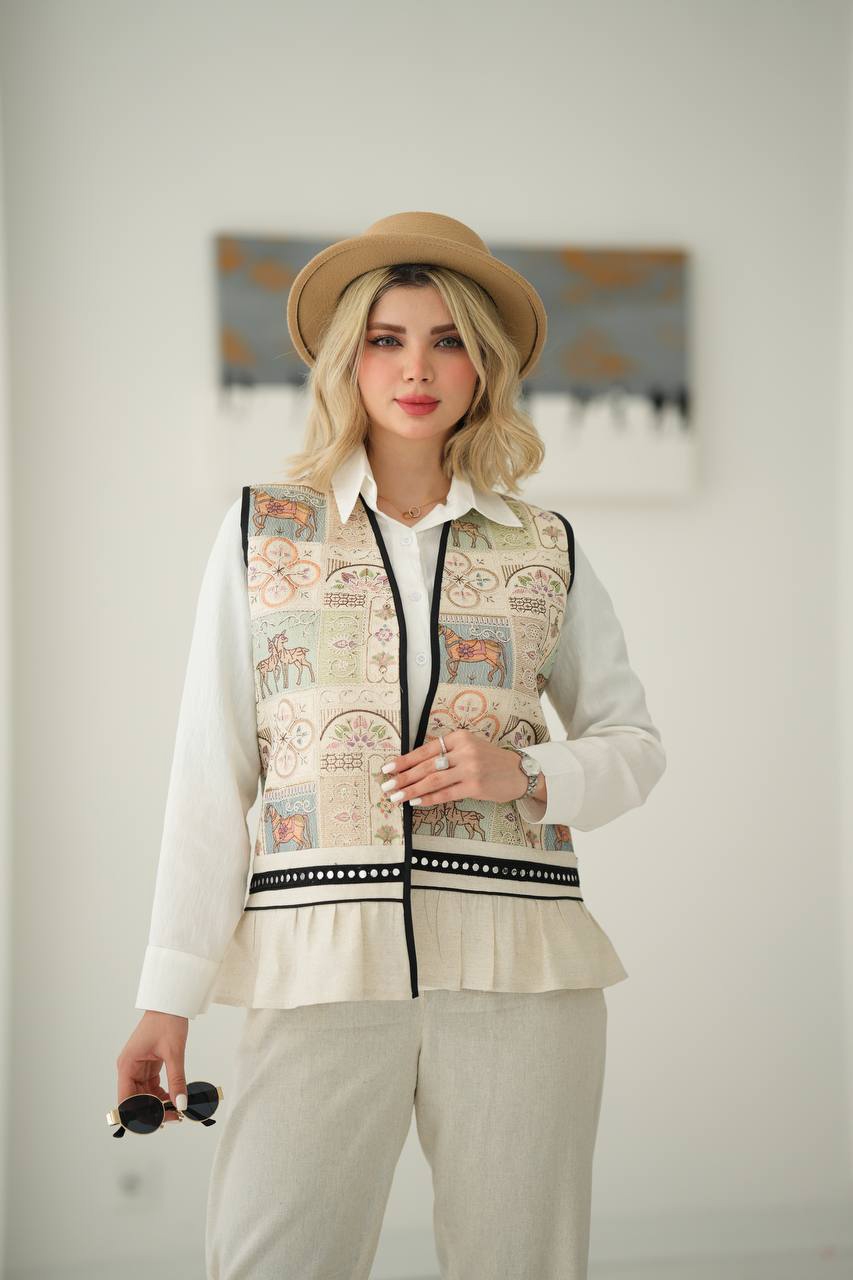 ست مانتو و شلوار زنانه سفید با پارچه لنین سایز 38 تا 44