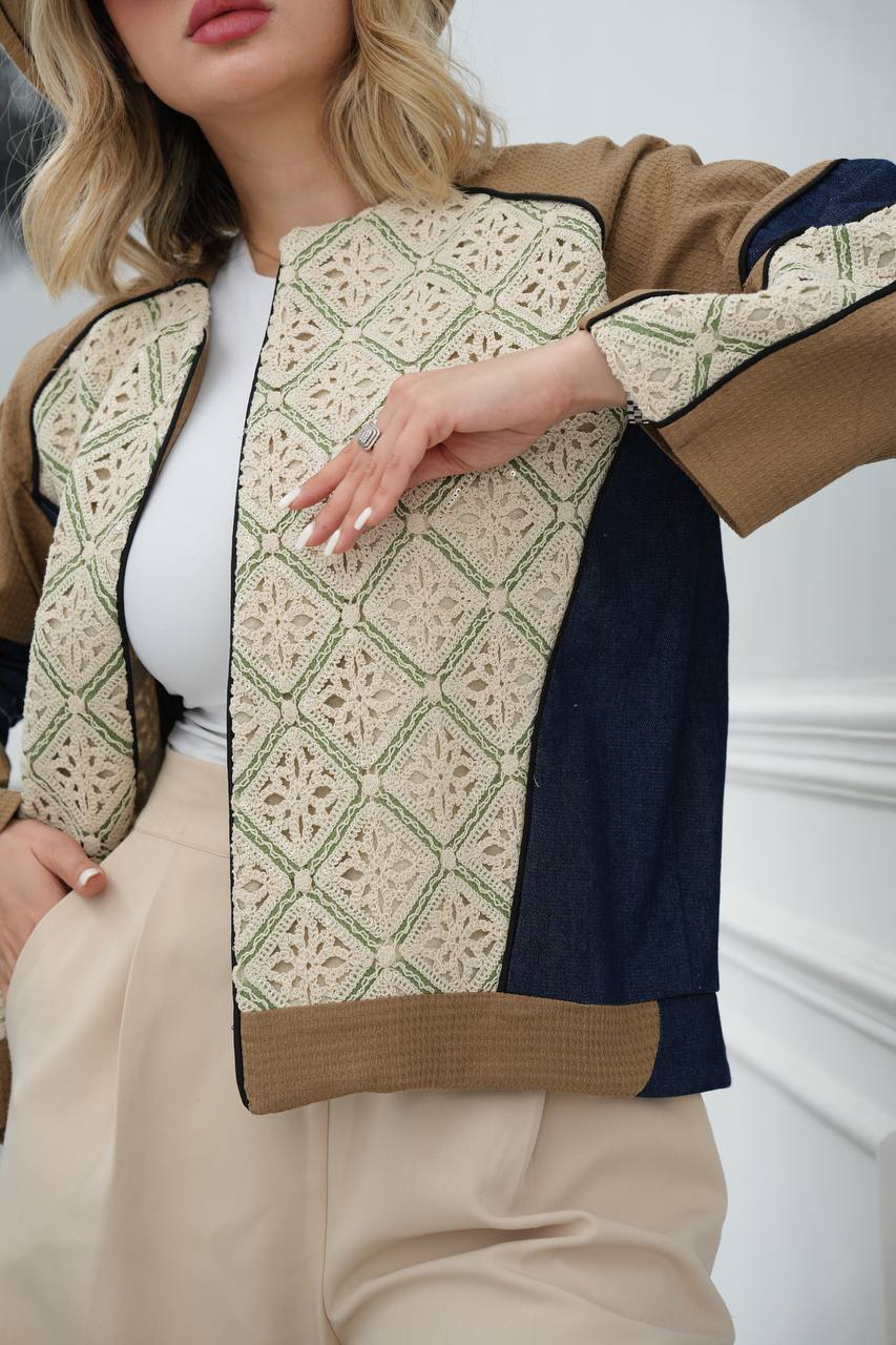 مانتو بهاری رنگ قهوه ای با پارچه لنین ترکیب با جین