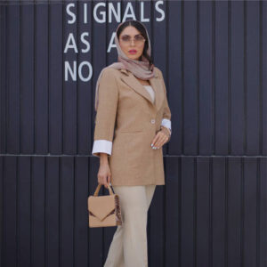 کت تک زنانه جلو بسته آستین دیپلمات با پار چه شانتون ژاکارد رنگ موشی سایز 38 تا 44