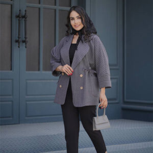 کت تک زنانه دیپلمات کمر گت پارچه شانتون ژاکارد رنگ خاکستری سایز 38 تا 44