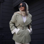 بارونی پاییزی زنانه با پارچه سانتانا میله ای مدل مینو رنگ سبز سایز 38 تا 46