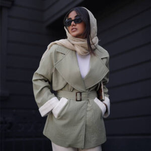 بارونی پاییزی زنانه با پارچه سانتانا میله ای مدل مینو رنگ سبز سایز 38 تا 46