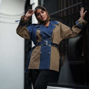 بارونی زنانه با پارچه سانتانا و جین شست رفته با تن خوری شیک و بی نظیر مدل مروارید فری سایز از 38 تا 46