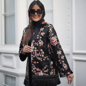 کت تک زنانه پاییزه گرم و شیک گلدوزی شده با پارچه شنل بافت رنگ مشکی مدل تندیس سایز 38 تا 46