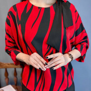 شومیز مجلسی زنانه کیمونو طرح کراواتی با پارچه الیزه رنگ قرمز فری سایز 38 تا 44